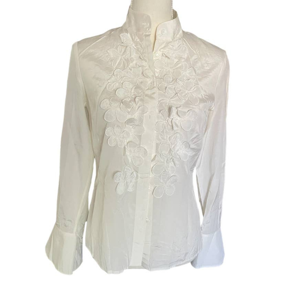 Ideology Womens Flower Applique Button-Up Shirt Blouse Long Sleeve Size 4 White